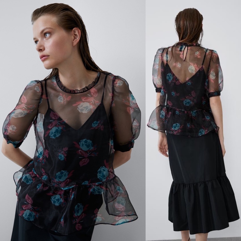 Zara PRINTED ROSE ORGANZA SEMI-SHEER BLOUSE PEPLUM